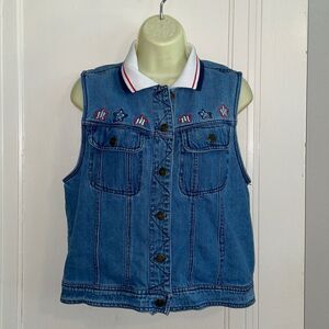 Vtg 90s Solutions! blue denim vest /USA &‎ stars red, white & blue embroidery
